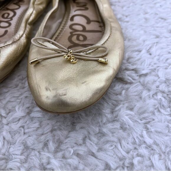 Sam Edelman Gold Metallic Women Bow Ballet Flats Slip On Leather Trendy SZ 7.5 - Picture 4 of 8